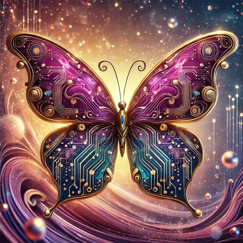 A colorful butterfly with intricate circuit patterns on its wings, set against a luminous, swirling background.
