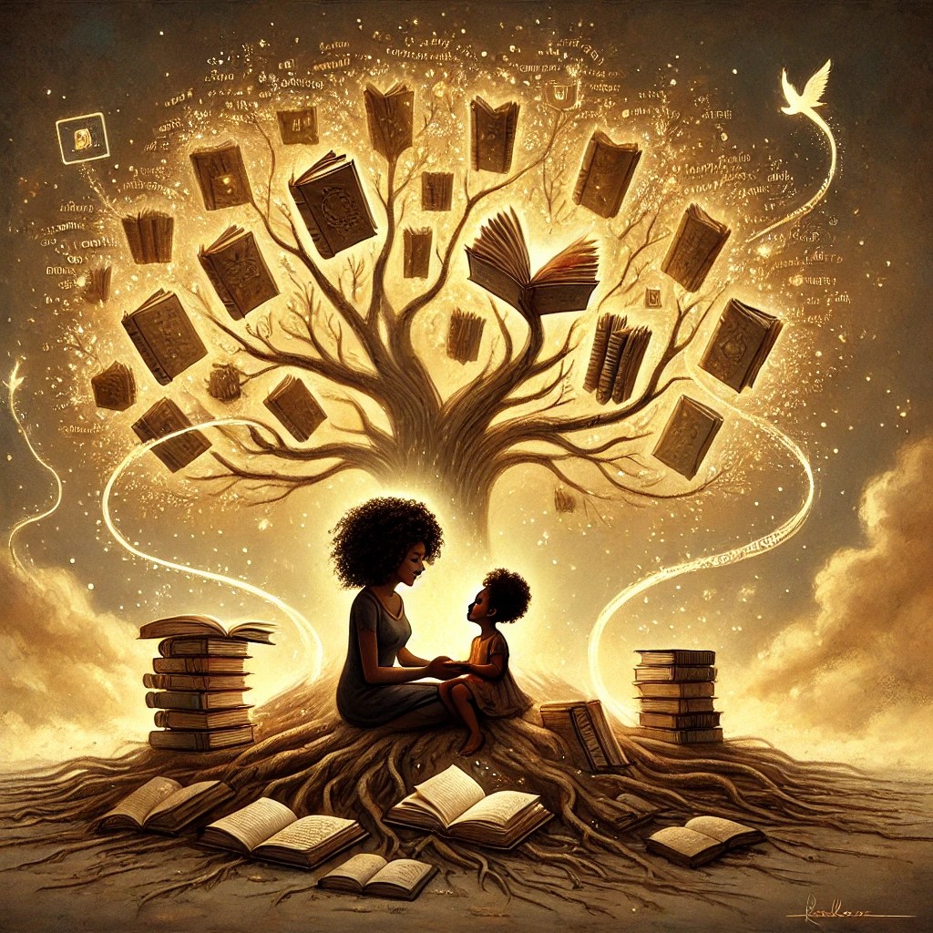 A mother and child sit together on the roots of a large tree, surrounded by floating books and swirling light, symbolizing connection and knowledge.