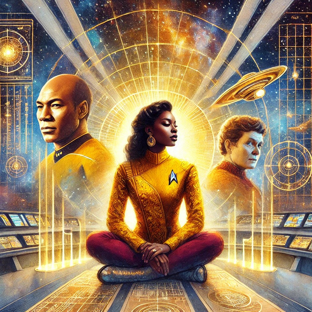 A stylized illustration featuring a woman in a Starfleet uniform, sitting cross-legged with a serene expression, flanked by two male figures in Starfleet uniforms against a cosmic background with bright, glowing elements.