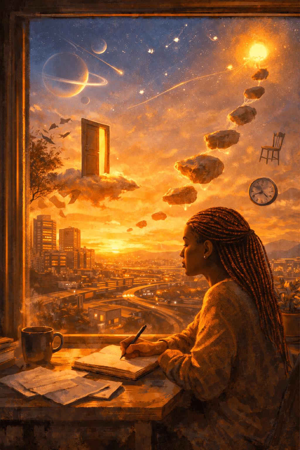 A semi-realistic, golden-hour digital illustration of a Black African woman with orange-red braids writing in a notebook at a desk by a window. Outside, a futuristic city glows under a surreal sky with a blazing sun, drifting planets, shooting stars, floating rocks forming a path upward, an open door on a cloud, and a hovering clock, blending fantasy and sci-fi symbolism.